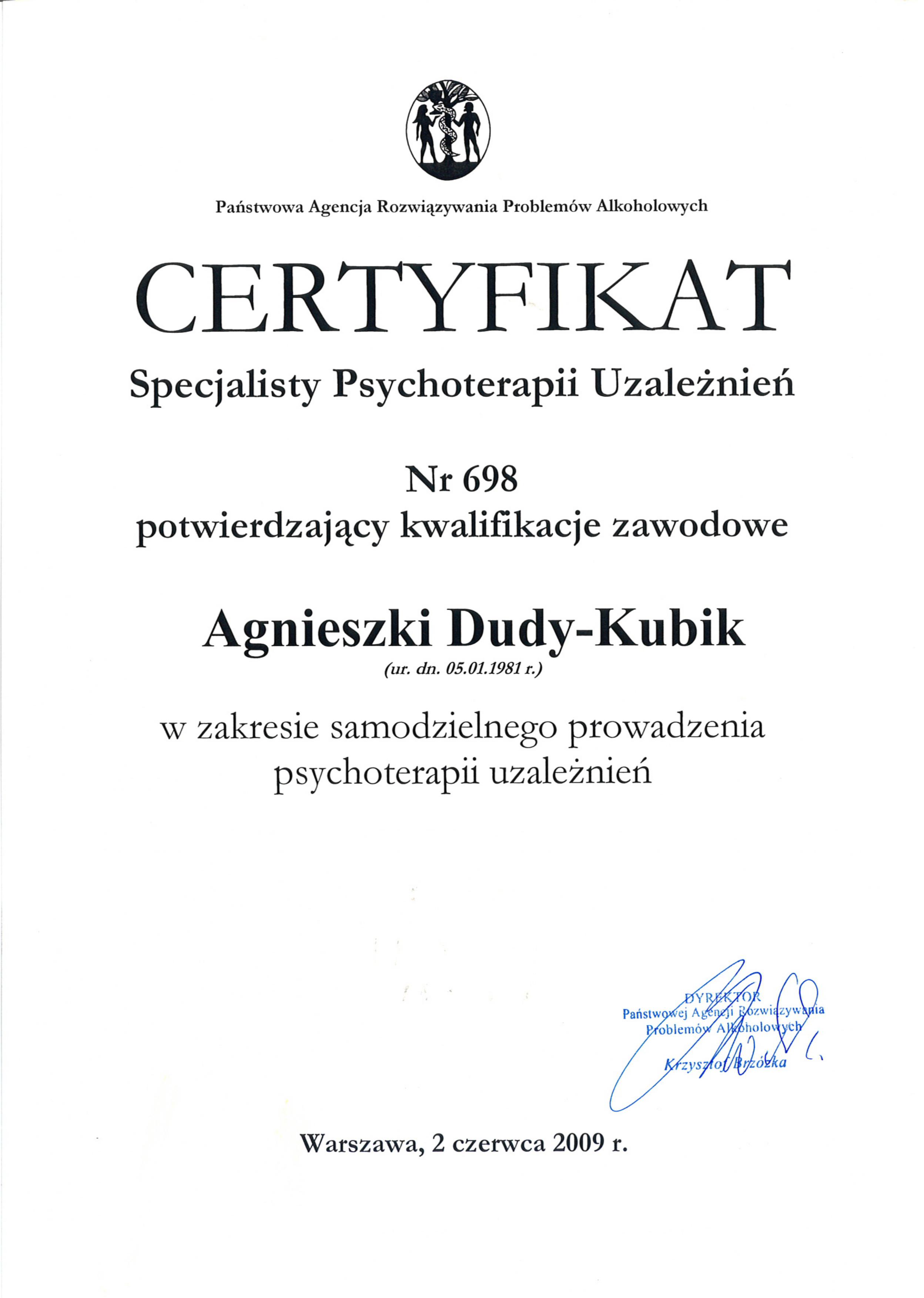 certyfikat specjalisty psychoterapii uzależnień